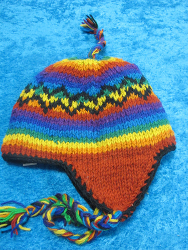 Wool Handknit Rainbow Earflap Beanie